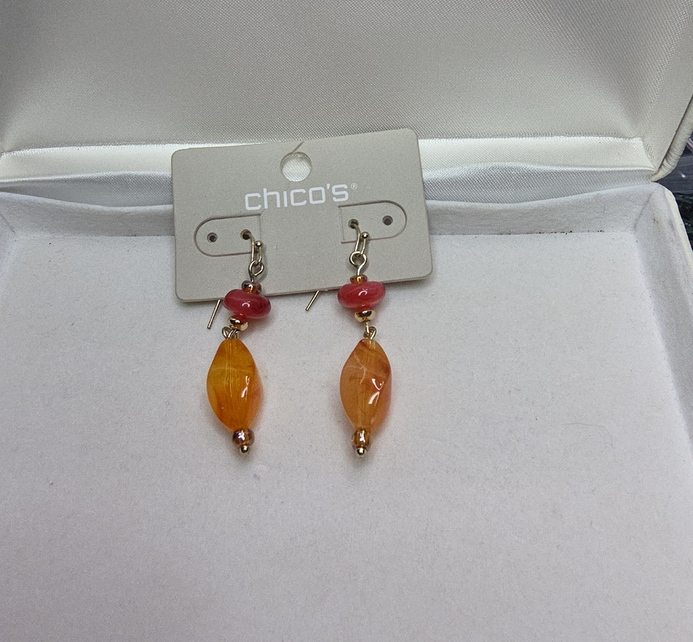 Chico's Pink and Orange Beaded Drop Earrings with Gold-Tone Accents